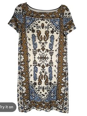 Tory Burch Cream, Brown & Blue Boho Shift Dress